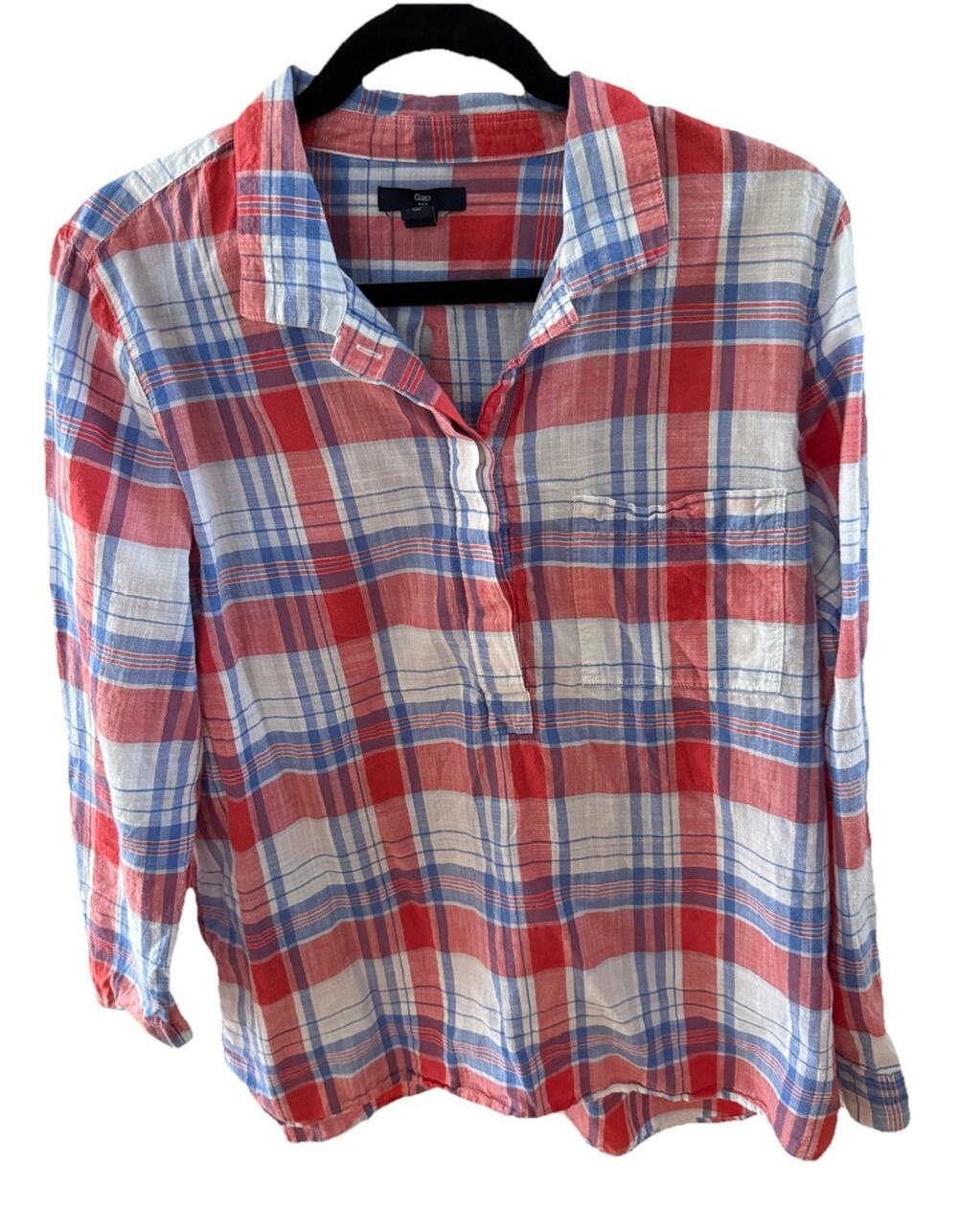 Gap Women's Red White Blue Plaid V-Neck Shirt Lightweight Fourth Of July Size L